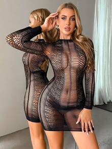 ChaseTheNight 1 件女士性感镂空紧身渔网连衣裙 - 黑色 - 查看 1