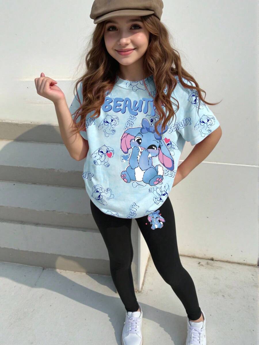 女童休闲可爱卡通蓝色兔子图案字母标语印花短袖T恤和紧身裤两件套 - 彩色 - 查看 1