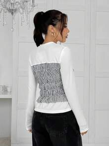 SHEIN EZwear 休闲格纹拼布二合一T恤，春秋季 - 彩色 - 查看 2