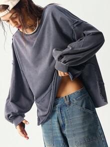 Bohemela Casual Solid Color Knit Round Neck Lantern Sleeve Loose Washed Relaxed Fit Women Sweatshirt In Fall/Winter - Grey - View 5