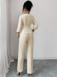 Elenzga Women's Fashion Commuter Elegant 3/4 Sleeve Cinched Waist Umbrella Hem Round Neck Cutout Collar Blouse Paired With Suit Pants, 2 Pieces Casual Outfit Set