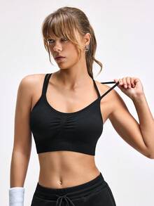 LOUNGEISTA 无缝运动瑜伽健身房户外跑步背心式运动文胸，适合年轻女性，运动健身 - 黑色 - 查看 4
