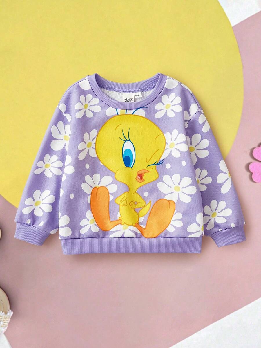 LOONEY TUNES X SHEIN Baby Girl Floral & Cartoon Pattern Crew Neck Loose Fit Long Sleeve Knit Sweatshirt Fall Winter - Purple - View 1