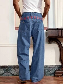 SWAVVY Jeans de mezclilla casual estadounidense, pantalones rectos con estampado de rayas de estilo punk chic - Azul - Ver 3