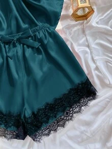 SilkySpell Faux Silk Lace Trim Camisole And Shorts Pajama Set Lace Sleepwear Set Lace Pajama Set Satin Sleepwear Set Dark Green Lingerie Satin Pajama Set