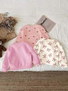 SHEIN Happikins 3pcs/Set Baby Girl Casual Loose Fit Crew Neck Soft Sweatshirts, Cream White, Cream Beige, Cream Pink, Vintage Leopard Bow, Mini Polka Dot Bow Pattern, Suitable For Autumn/Winter Fall