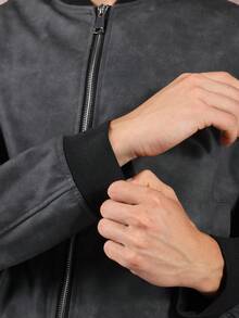 SUMWON Crop Fit Premium Faux Suede Bomber Jacket With Ribbed Collar Classic Modern Design Zip Front Casual Streetwear Fall Winter - Black - View 5