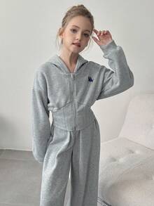 SHEIN Sparklyn Bộ 2 áo khoác nỉ ngắn cho bé gái + quần ống rộng phù hợp, áo khoác có thiết kế cạp chun, thoải mái khi mặc hàng ngày, thích hợp cho các buổi đi chơi và đi học - Xám - Xem 5