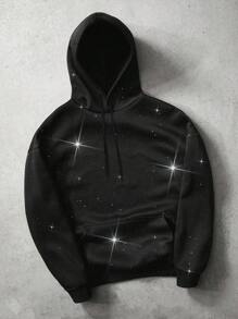 Manfinity EMRG 男士时尚百搭银箔连帽运动衫，黑色图案连帽衫，秋季 - 黑色 - 查看 1