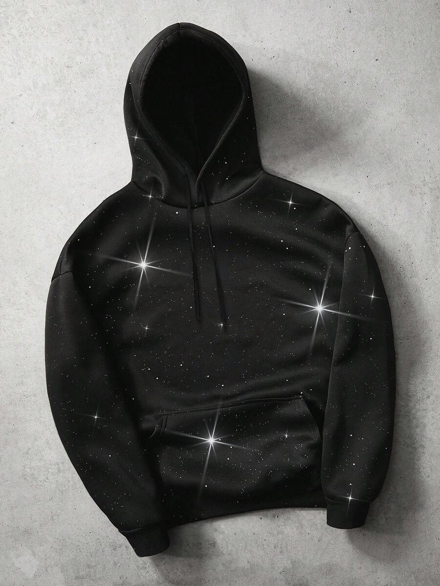 Manfinity EMRG 男士时尚百搭银箔连帽运动衫，黑色图案连帽衫，秋季 - 黑色 - 查看 1