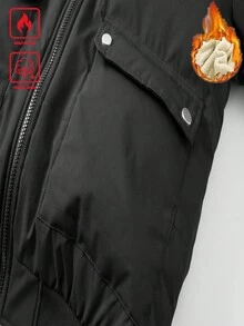 Manfinity Homme Men's Autumn/Winter Furry Trim Thermal Lined Hooded Outdoor Padded Coat, Zip-Up Business Casual Padded Coat, Thick Thermal Lined, Commuter Wear, Black Outerwear Men Winter Coat - Black - View 5