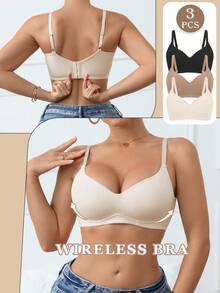 SHEIN 3cps Women's Comfortable Casual Ribbed Fabric Solid Underwear Without Underwire Soft Cup Anti-Sagging Bra
