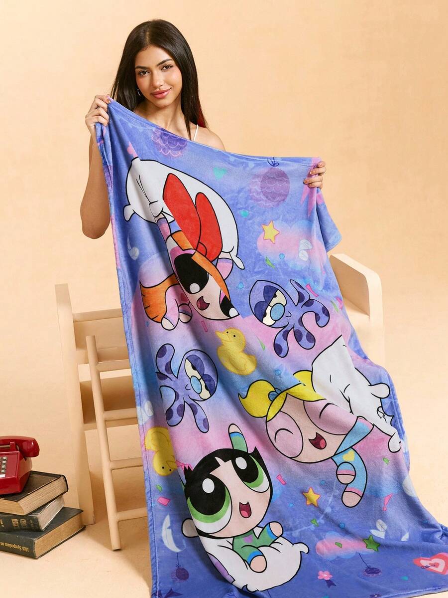 THE POWERPUFF GIRLS X SHEIN 1 chiếc chăn vải nỉ dày in họa tiết hoa, bong bóng, hoa mao lương, mềm mại và ấm áp, chống rụng lông, kiểu dáng đồ ngủ dễ thương, có nhiều kích cỡ, thích hợp cho ghế sofa, giường, ngủ trưa - Màu tím - Xem 1