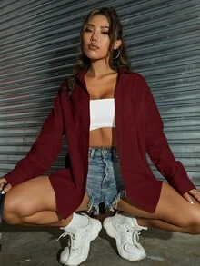 SHEIN Unity 亮色霓虹超大衬衫，休闲长袖女式衬衫 - 紅色 - 查看 3