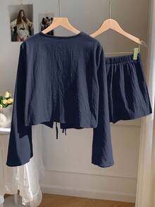 Comfortcana Set di camicia e pantaloncini da donna bohémien con stampa floreale di anacardi blu navy, con laccio frontale - Blu Navy - Visualizzare 2