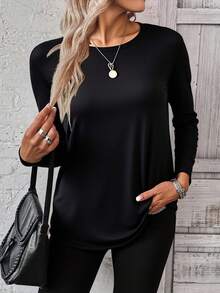 EMERY ROSE 1pc Women's Loose Fit Round Neck Long Sleeve Shirt, Casual Layering TopIn Fall/Winter - Multicolor - View 6