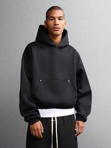 SUMWON Minimalist Essential Heavyweight Crop Hoodie With Centre Pocket Oversized Casual Winter Lounge Streetwear Layering Basic Plain - Black - View 6