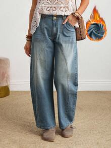 EMERY ROSE Quần jeans denim ống rộng dáng rộng thời trang thường ngày dành cho nữ, có túi xéo, dáng rộng và lót giữ nhiệt, quần jeans ống rộng dáng rộng thời trang dạo phố mùa thu/đông dành cho nữ, quần jeans ống rộng rộng rãi, giữ nhiệt - Màu xanh lam - Xem 4