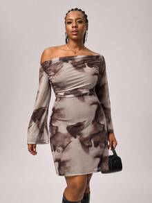 SHEIN Tall CURVE Große Größen Herbst sexy süßes braunes Farbverlaufsmuster Mesh-Muster Off-Shoulder gerafftes ausgestelltes Langarm-Minikleid, Geburtstagskleider für Frauen - Verschiedenfarbig - Übersicht 7