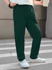 SHEIN 青少年男孩纯色褶皱休闲锥形裤，适合上学或聚会场合 - 墨綠色 - 查看 3