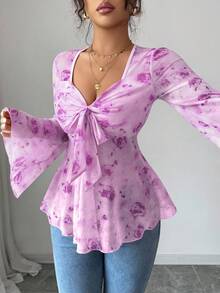 Elenzga 全新花卉印花网眼透明喇叭袖蝴蝶结前部休闲优雅女式 T 恤 - 紫色 - 查看 3