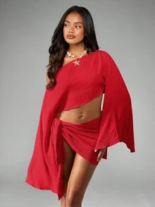 MISSGUIDED 亚麻质感海滩罩衫围裹式连衣裙喇叭袖不对称单肩短款上衣高开叉超长纱笼夏季度假沙滩装度假池畔装 - 紅色 - 查看 3