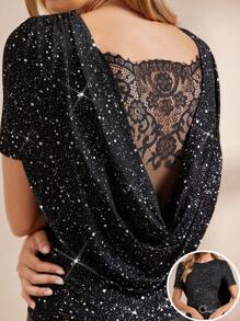 Amorya Women's Elegant Shiny Splicing Lace Collar Black T-Shirt, Suitable For Daily, Party, Afternoon Tea And Multiple Occasions, Autumn Black Glitter Top Black Sparkly Top Glitter Top Women Black Sequin Top Black Party Top Chic Autumn