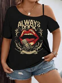 EMERY ROSE Plus Size Women Casual Minimalist Red Lip Graphic Asymmetrical Shoulder Short Sleeve T-Shirt, Suitable For Summer,Spring/Vacation - Black - View 2