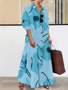 EMERY ROSE 加大码前扣长袖全印花休闲连衣裙，随机印花长款女装 - 彩色 - 查看 1