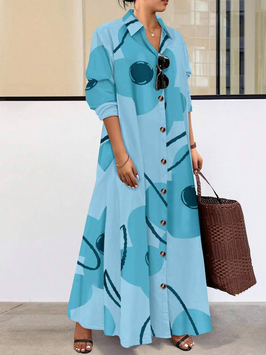 EMERY ROSE 加大码前扣长袖全印花休闲连衣裙，随机印花长款女装 - 彩色 - 查看 1