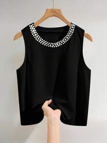 INAWLY 女士优雅仿珍珠串珠圆领背心，夏季 - 黑色 - 查看 3