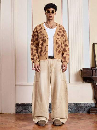 Manfinity VCAY Cárdigan casual de manga larga con estampado de leopardo para hombre, otoño/invierno