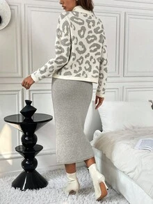 EMERY ROSE 2pcs Leopard Print Fitted Elegant Knit Sweater Set