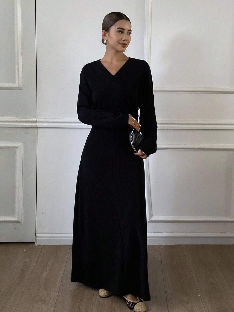 DAZY Vestido elegante de manga larga con cuello en V ajustado y cintura ceñida de unicolor para mujeres, otoño/invierno - Negro - Ver 1
