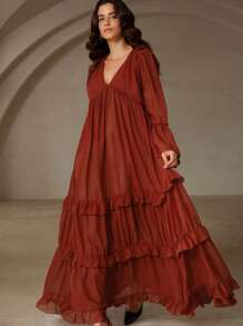 Aveloria Revavyn Brick Red Chiffon Deep V Frill Trim Split Long Sleeve Flare Cuff Layered Ruffle Hem Dress, Reversible Boho Style For Women Fall Cloth For Women - Rust Brown - View 3