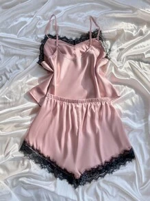 SilkySpell Plus Size Faux Silk Lace Trim Cami Top And Shorts Pajama Set Satin Pajama Set Lace Trim Pajama Set Satin Sleepwear Set Lingerie Pajama Set Lace Pajama Set Lace Pj Set Lingerie Sleep Set Babydoll Pajama Set