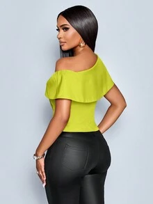 SOLERSUN 女式春夏优雅复古商务休闲露肩不对称单排扣衬衫 - 綠色 - 查看 2