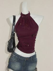 SHEIN ICON Women's Halter Neck Sleeveless Bodycon Asymmetrical Hem Beaded Embroidered Sexy Y2K Crop Top, Autumn/Winter Halter Top Dress Top Scarf Top Halter Tops For Women Sparkling Sequin Top - Red - View 6