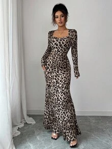 Elenzga 随机豹纹针织弹力复古优雅修身方领长泡泡袖腰部收紧美人鱼连衣裙，带褶饰设计 - 棕色 - 查看 4