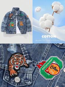 SHEIN Playful Pals Vintage American Street Style Distressed Ripped Tiger Letter Embroidered Patch Loose Casual Comfortable Washed Light Blue Denim Jacket Fall Winter