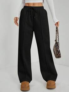 SHEIN PETITE Women's Fall Pebble Detail Straight-Leg Sweatpants - Black - View 5