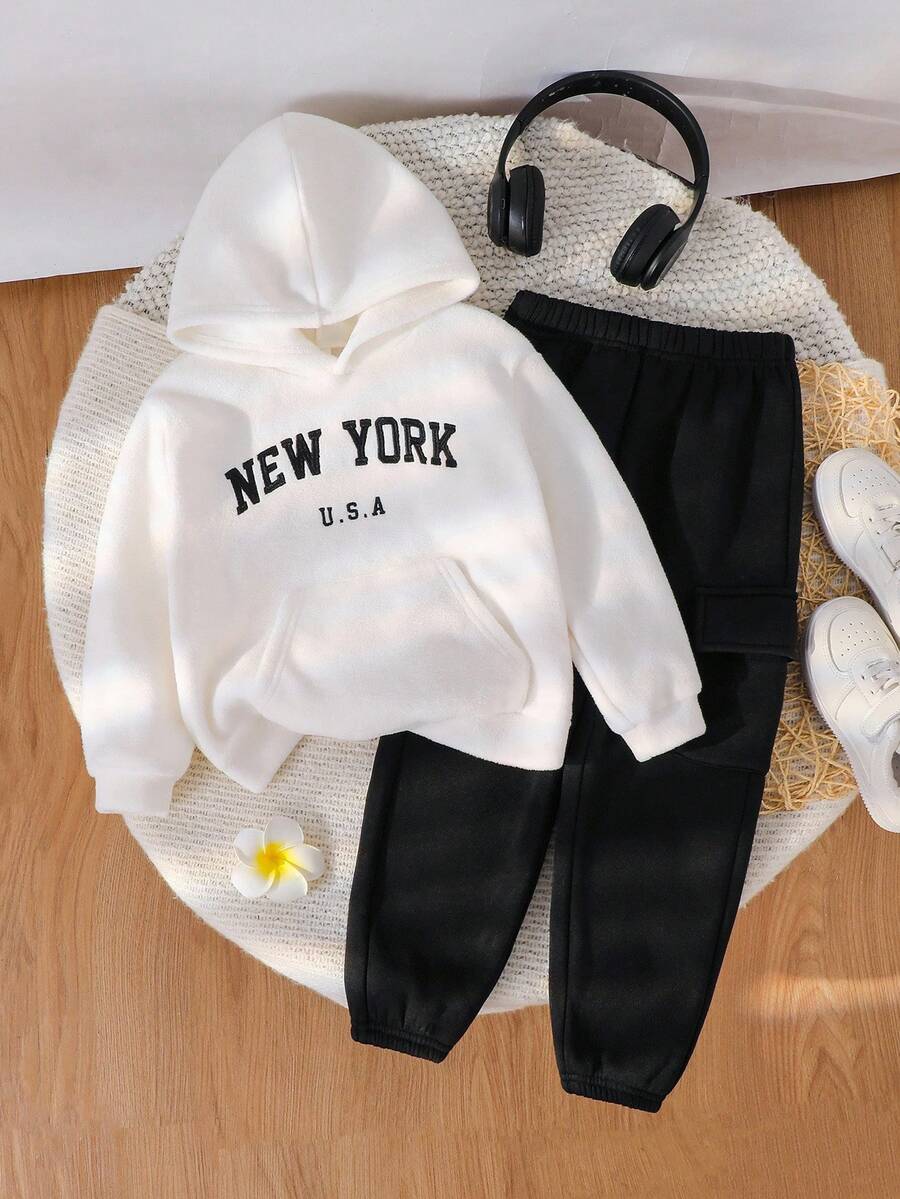 2pcs Young Boys White Autumn Back-To-School Career Day Letter Embroidered Fuzzy Collar Jacket,Elastic Waist Pants,Kids Jogger Hoodie Sweatpants Set - Black and White - View 1