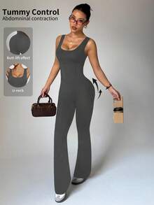 Easithlete Women's Black Sleeveless Jumpsuit, Front Panel Seam, High Waist U-Neck U-Back, Suitable For Casual, Gym, Yoga, Running In Spring/Summer Flare Jumpsuit Flared Leggings Set Bodycon Jumpsuit Seamless Jumpsuit Yoga Jumpsuit Flare Jumpsuits For Woman