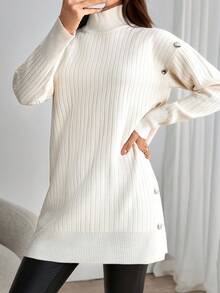 EURMUSE Women Side Button Rib Knit Short Knit Dress,Winter Dresses - White - View 6