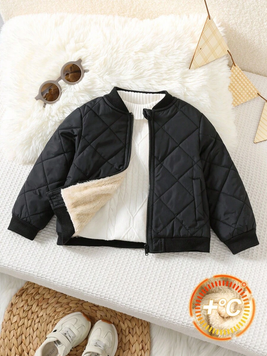 SHEIN Chaqueta de béisbol de invierno para bebé niño, elegante para fiesta de cumpleaños, evento de noche, actuación, boda, baby shower, primer día de escuela - Negro - Ver 1