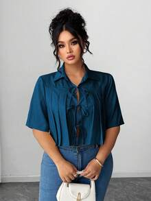 Elenzga 女式褶饰蝴蝶结短款优雅衬衫 - 藍色 - 查看 7