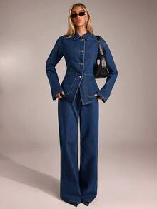 Avantive Fall&Winter Halloween Christmas New Year Going Out Graduation Prom Elegant Formal Luxury Chic Business Casual Birthday/Office Outfits/Country Concert/Club Outfits Sexy/Western/Work Clothes/Streetwear/Vintage/Festival/Cocktail/Rave/Prom/Hawaii/Airport/Funny/Basic/Brunch Outfits/2000s Style/Bodycon/Old Money Style/Church/Homecoming/Classy/Party/Modest/Date Night/Autumn/Winter/Single-Breasted Denim Top/Coat/Jeans/Blue Washed Low Rise Baggy Wide Leg Cowgirl Jeans/Denim 2ps Outfit - Blue - View 3