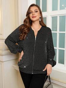 Miaspire Plus Size Women's Fashion Casual Sequin Zip-Up Jacket, Winter For Women, Christmas, New Year Look, Sequin, Elegant Party, Black Jacket - Apricot - View 6