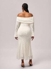 SHEIN Tall CURVE Damen Große Größen Off-Shoulder Langarm Bodycon Kleid mit Vorderbindung, Silvester Kleid für Frauen - Beige - Übersicht 2