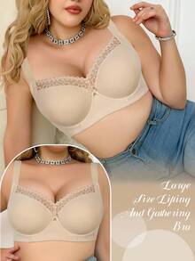 SHEIN 1pc Plus Size Lace Patchwork Underwire Bra With Wide Straps, Comfortable And Supportive, Lift - Beige - View 3